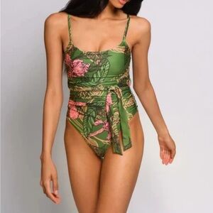 Hutch Zenna Ruched One Piece Swimsuit Belted Green Garden Floral Size XS